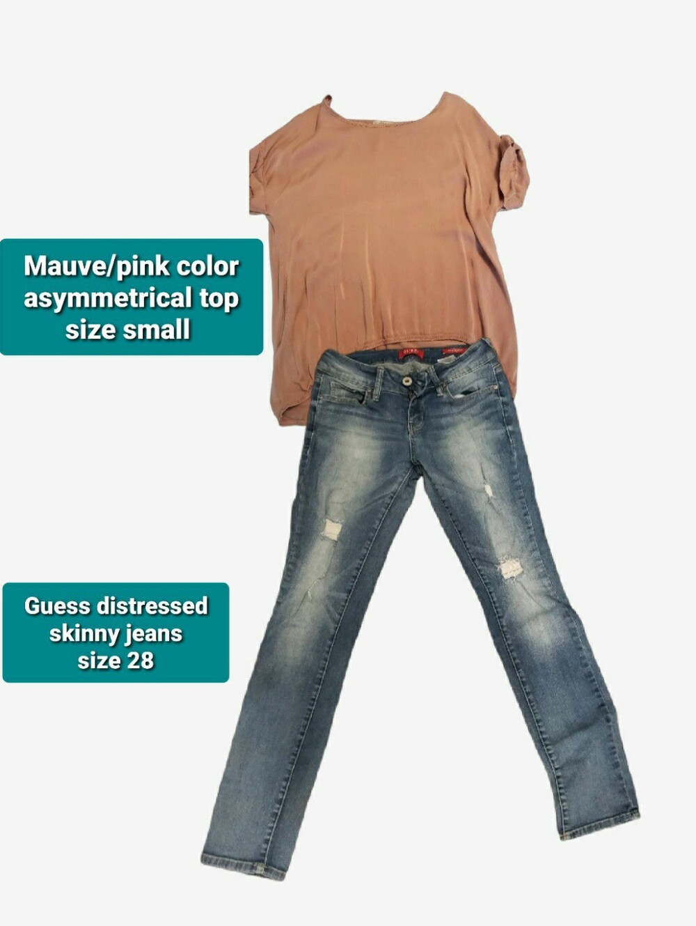 $20 Outfit Mauve/Pink Asymmetrical Top And Guess Jeans
